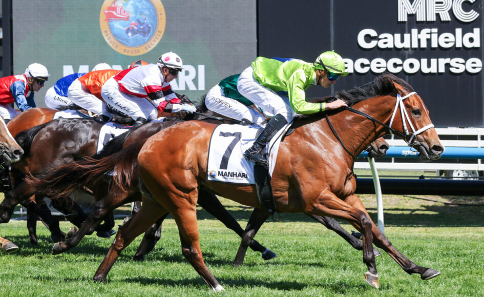 Thoroughbred race in progress; leading chestnut horse with lime-green silks rider, others close behind on the grass track.