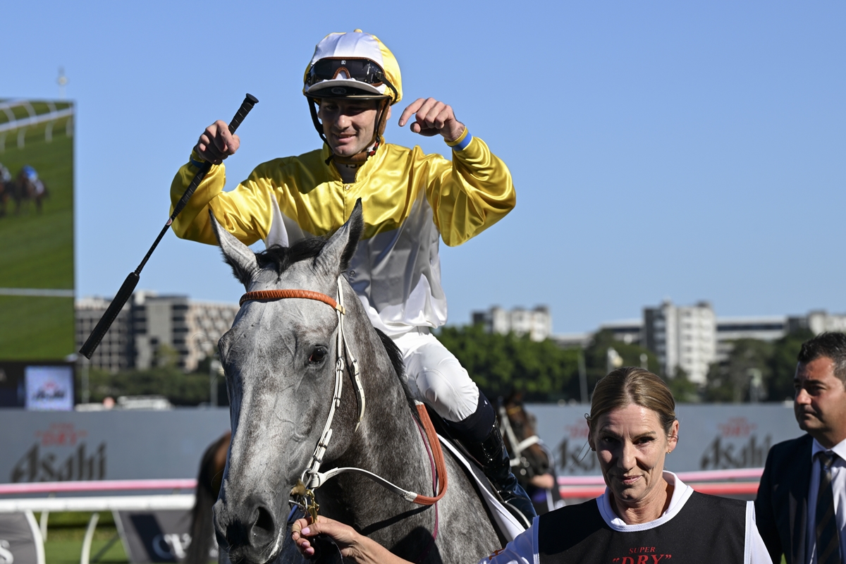 Jockey in yellow-and-white silks celebrates on a gray horse, raising a fist as a handler holds the reins beside them at a racecourse.