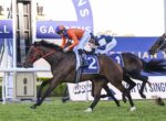 Jockey in orange and blue on a dark brown horse wearing #2 finishes a horse race on a grassy track, near the lead rail.