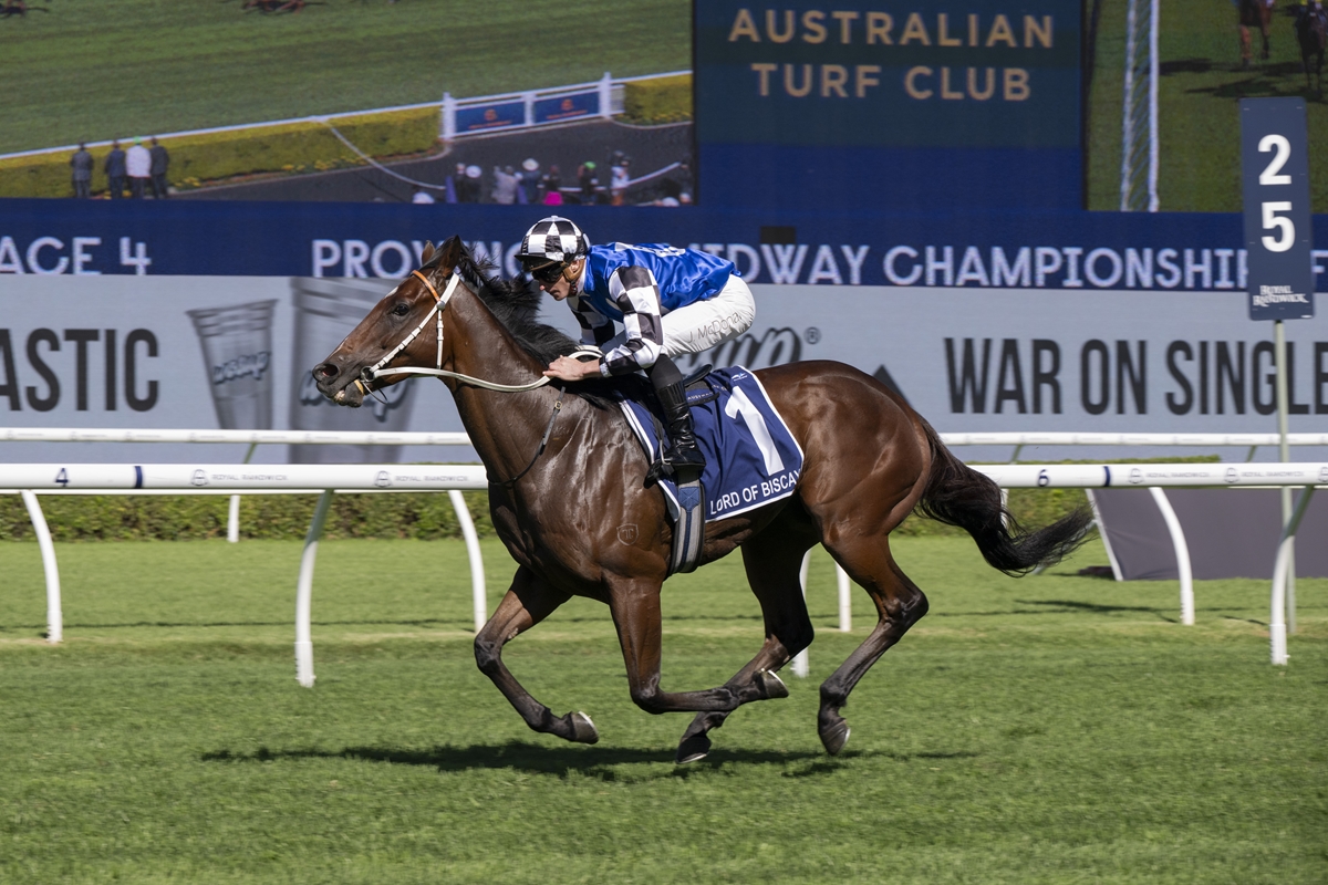 Jockey in blue-and-white silks rides a bay racehorse (saddlecloth number 1) on a grassy turf track with advertising boards in the background.