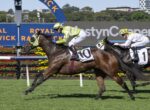 Racehorse #10 leads a sprint at Royal Randwick, jockey in neon lime silks with another horse close behind on the turf track.