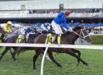 Jockey in blue silks on a dark horse leads a turf horse race with a cheering crowd in the background.