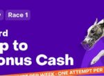Promotional banner for a dog race offering up to $100 bonus cash, with event tags Goulburn, Friday, Race 1.