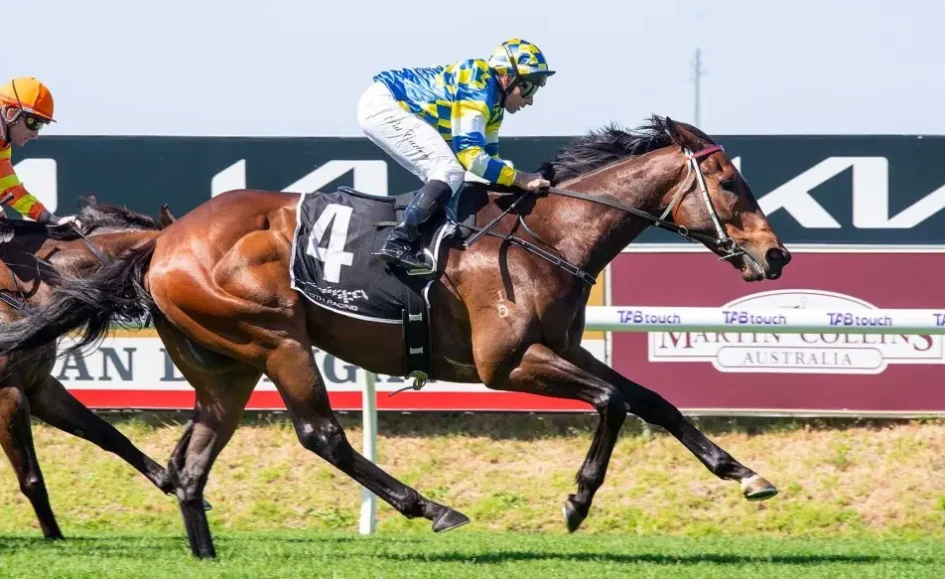 Leading brown racehorse with saddlecloth number 4, ridden by a jockey in blue and yellow silks, racing on a grassy track with another horse and jockey in the background