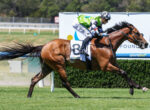 Jockey wearing a neon green vest rides a brown racehorse mid-race on a grassy track.