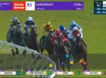 Group of Thoroughbred horses and jockeys race around a turf bend; on-screen banners show Canterbury R3, 1250m, and a bottom ticker lists KAWEARU, PINK PERSUASION, LOERA, IN A TIZZY.