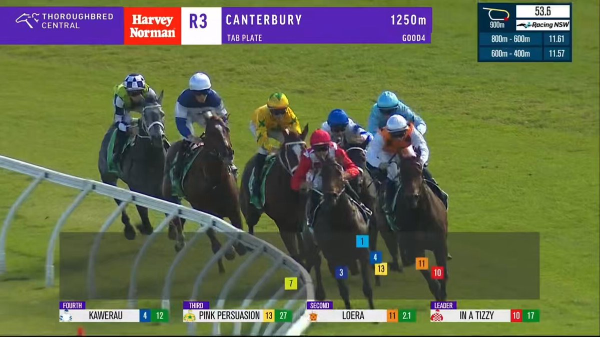 Group of Thoroughbred horses and jockeys race around a turf bend; on-screen banners show Canterbury R3, 1250m, and a bottom ticker lists KAWEARU, PINK PERSUASION, LOERA, IN A TIZZY.