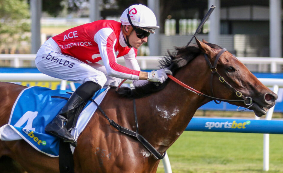 Jockey in red and white silks and white helmet rides a brown racehorse at full gallop, gripping the reins.