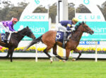 Two jockeys on racehorses sprint toward the finish line on a grassy track; horse #5 in blue and yellow leads, rival in purple and pink close behind.