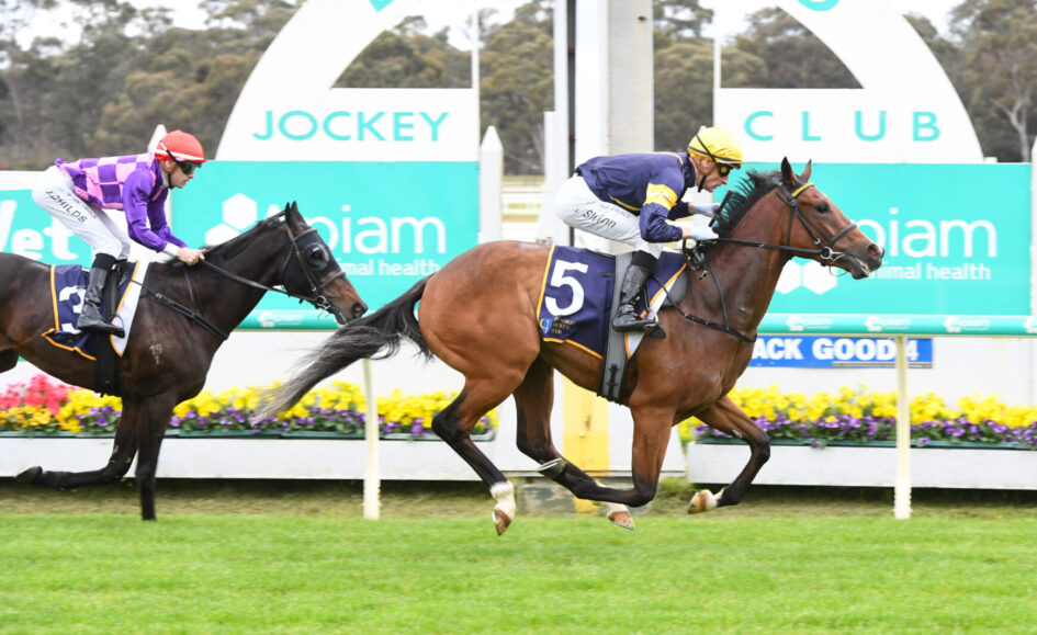 Two jockeys on racehorses sprint toward the finish line on a grassy track; horse #5 in blue and yellow leads, rival in purple and pink close behind.