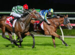 Two jockeys ride closely in a nighttime horse race, leaning forward as these sprinting horses stride on the turf with a Ladbrokes banner visible on the saddleship.
