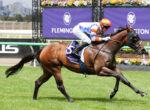 Jockey in orange cap riding a galloping brown horse on a grass racecourse with a purple Flemington banner in the background