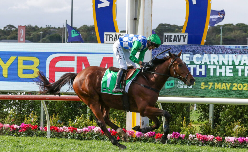 Horse and jockey racing at a track; jockey wearing green cap and blue-and-white check silks, saddle cloth number 1 on a brown horse with a red railing and ads in the background.