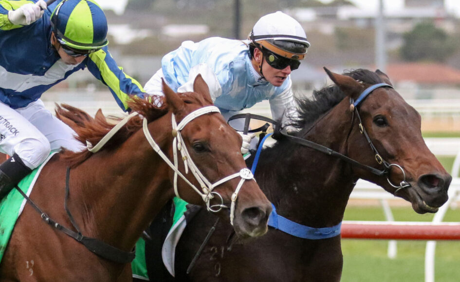 Two jockeys race side by side on sprinting horses, leaning forward in colorful silks and helmets.