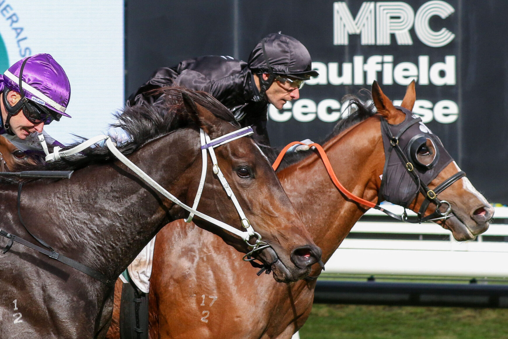 Two racehorses neck-and-neck with jockeys in colorful silks during a horse race at a track.