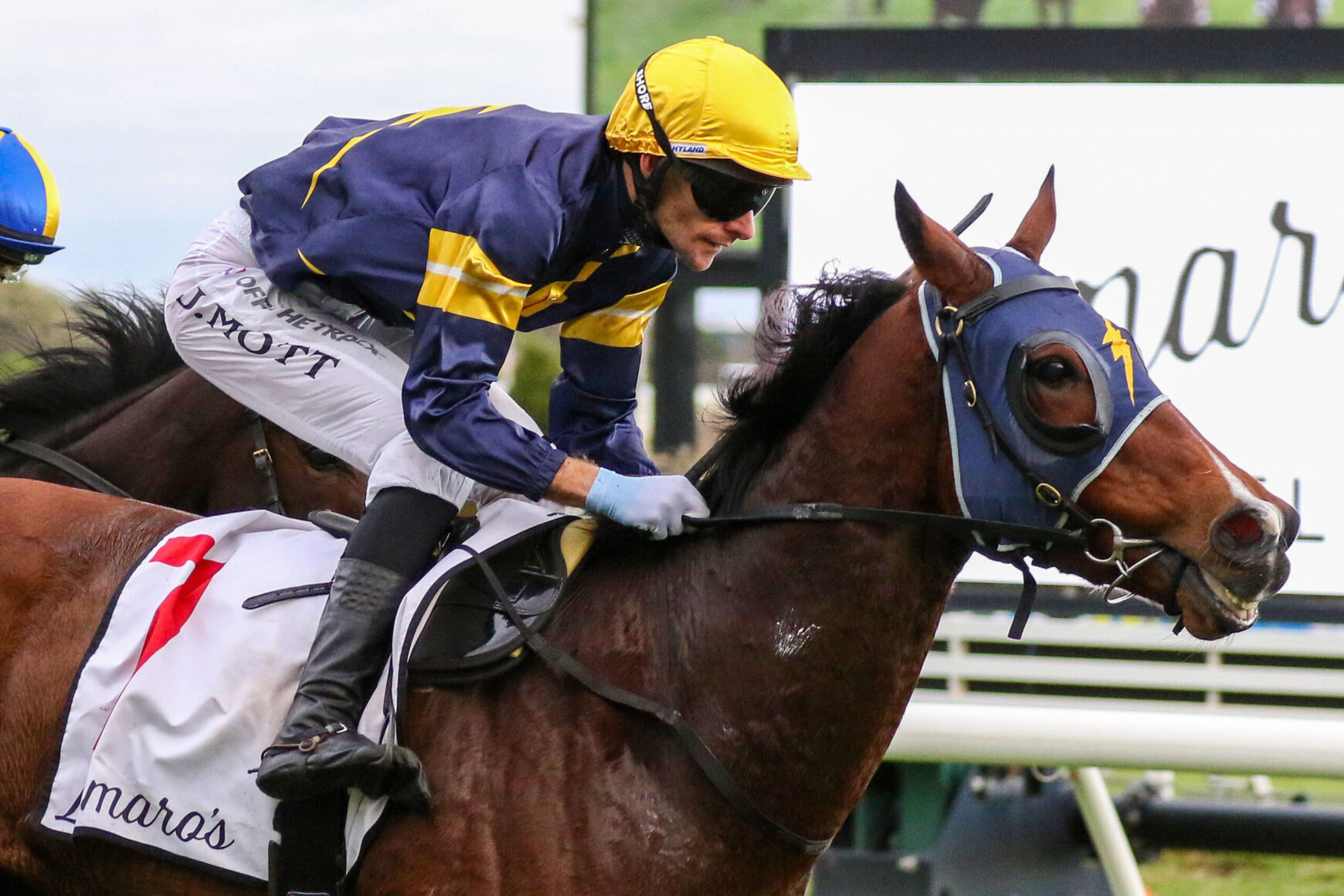 Jockey in a yellow helmet and blue-yellow silks rides a brown racehorse wearing a blue hood during a race.