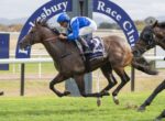 A jockey in blue and white silks rides a brown horse, leaping ahead in a racetrack race with another horse close behind under a large blue arch banner.