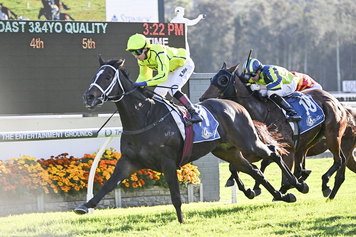 Leading dark bay horse and jockey in neon yellow silks sprint toward the finish, flanked by two rival horses and riders on a turf track.
