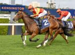 Two jockeys in orange-and-red silks ride brown horses neck-and-neck on a grassy racetrack, with a blue Kensington sign in the background.
