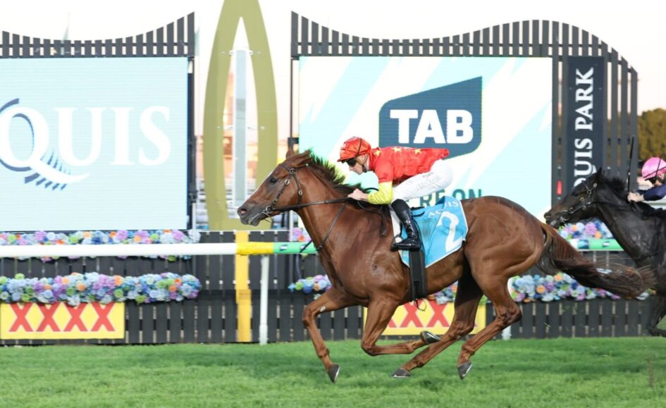 Jockey in red silks rides a brown horse leading a race toward the finish with AQUIS PARK signage in the background.