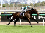 Jockey in green-and-white silks rides a galloping brown horse on a race track, with the city skyline in the background.