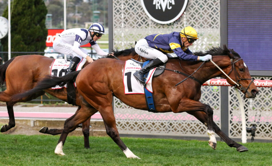 Two jockeys race their thoroughbreds side by side, one in yellow and blue ahead on a chestnut horse, the other in white and blue behind on a darker horse.