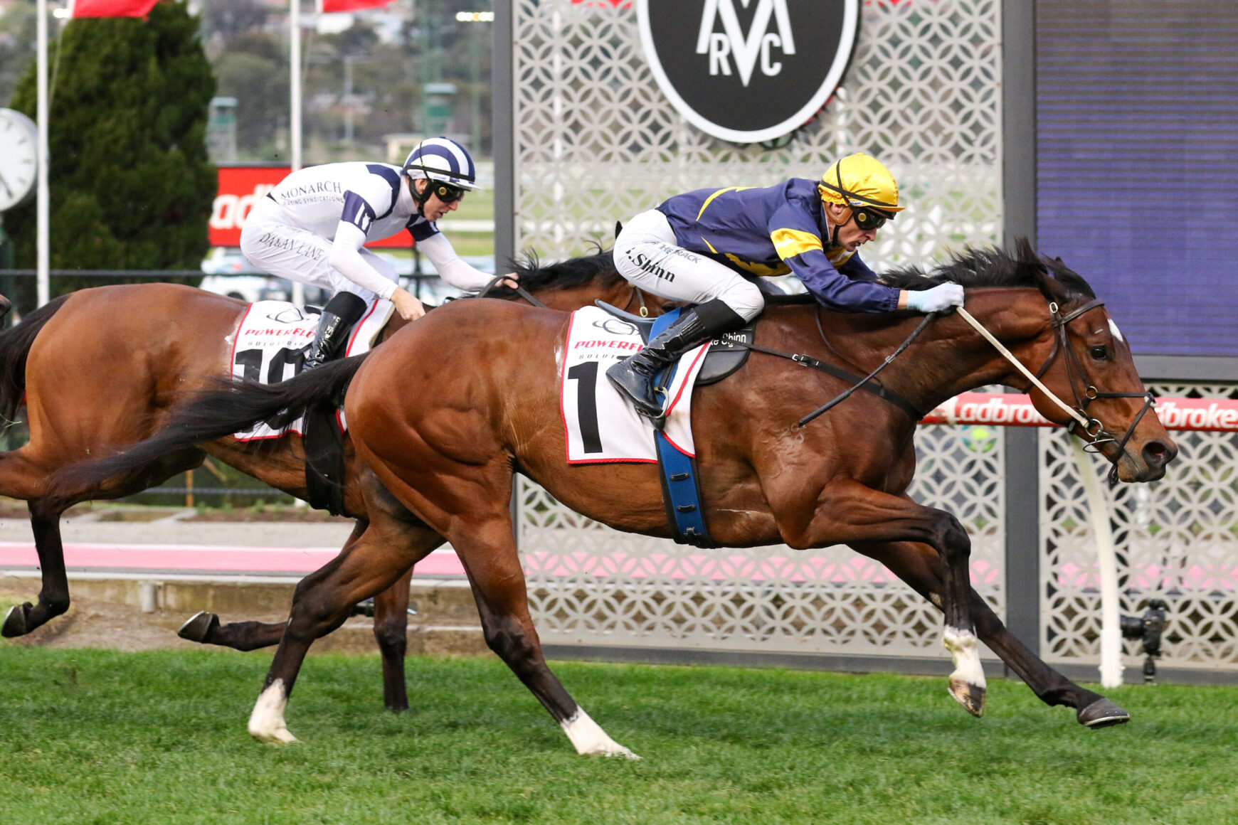 Two jockeys race their thoroughbreds side by side, one in yellow and blue ahead on a chestnut horse, the other in white and blue behind on a darker horse.