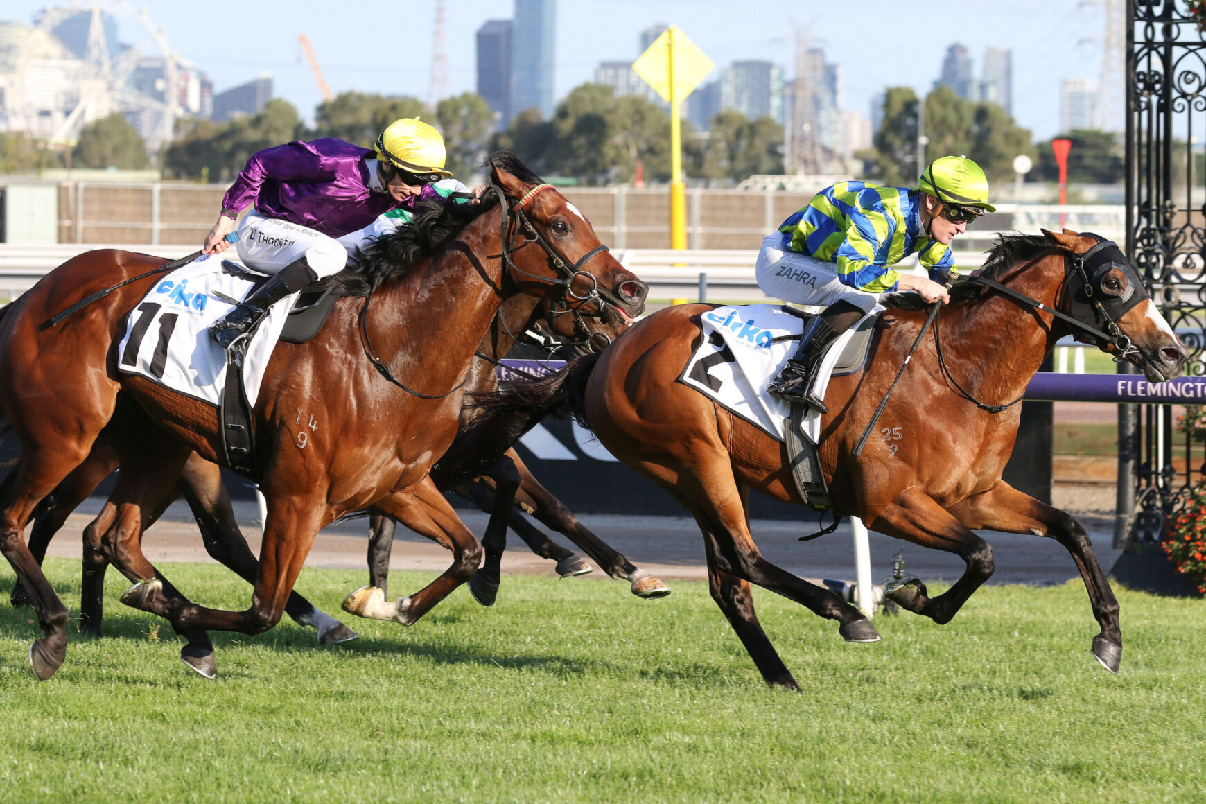 Jockeys in colorful silks ride Thoroughbreds during a crowded turf race, city skyline in background and green track beneath.