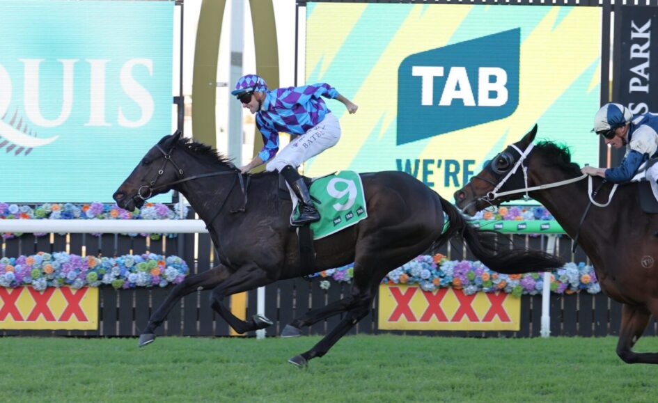 Two jockeys race their horses toward the finish line, one in blue checkered silks on a dark horse wearing a green number 9 saddlecloth, with bright advertising boards behind them.