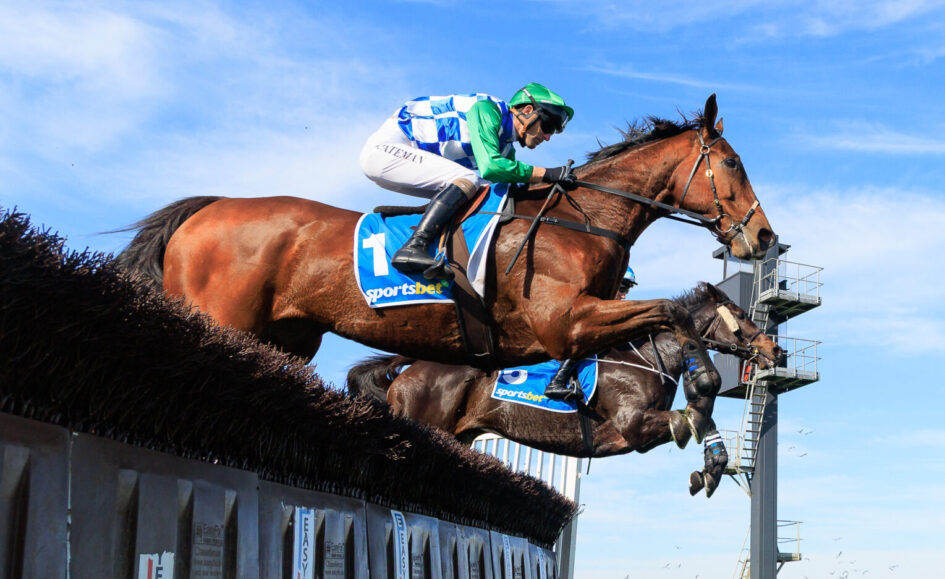 Jockey in green and blue silks riding a horse over a tall hurdle at a racecourse against a blue sky.