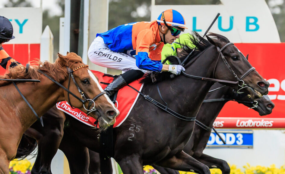 Jockey in orange and blue silks rides a dark horse during a race, leaning forward in a tight group with another horse nearby.
