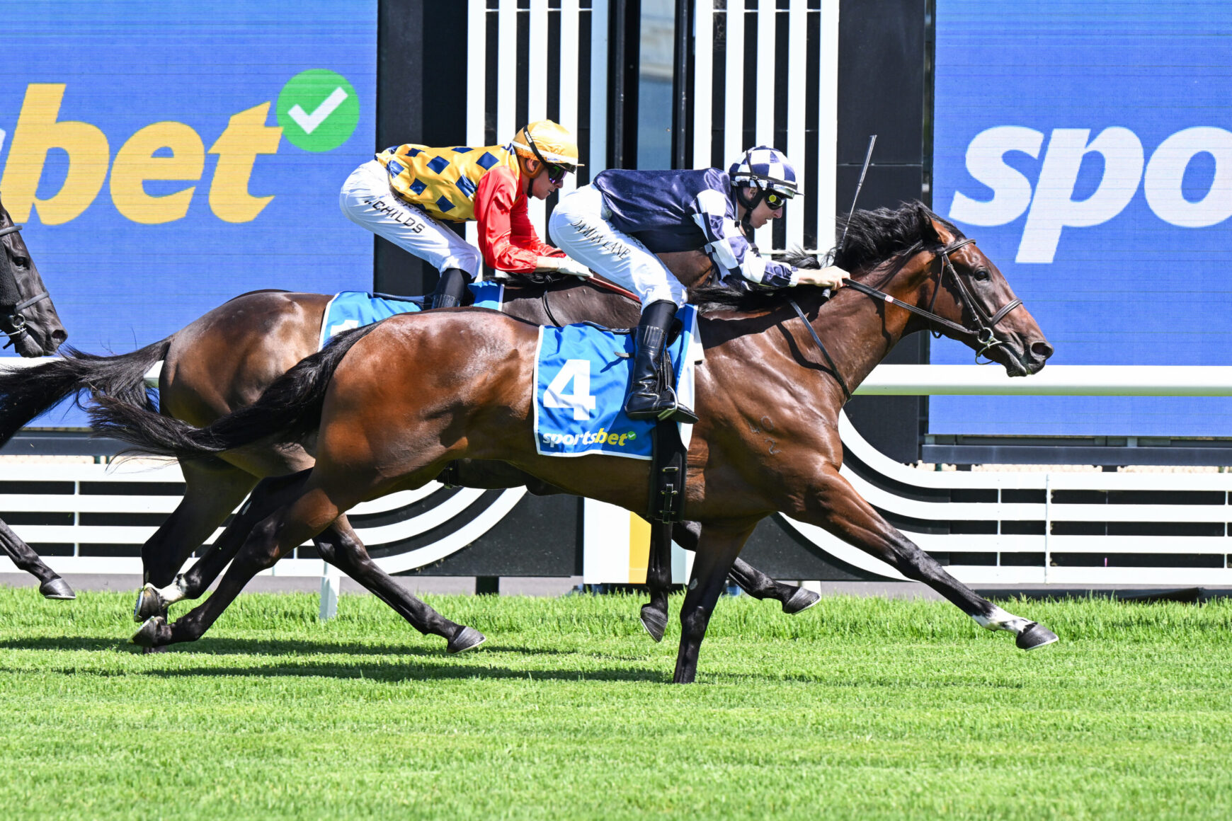 Three jockeys race full tilt on thoroughbreds, blue sponsor boards in the background and lush green turf beneath them.