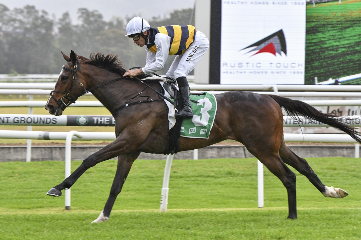 Jockey in white and yellow silks rides a dark brown horse with green number-3 saddlecloth, galloping on a grassy racetrack.