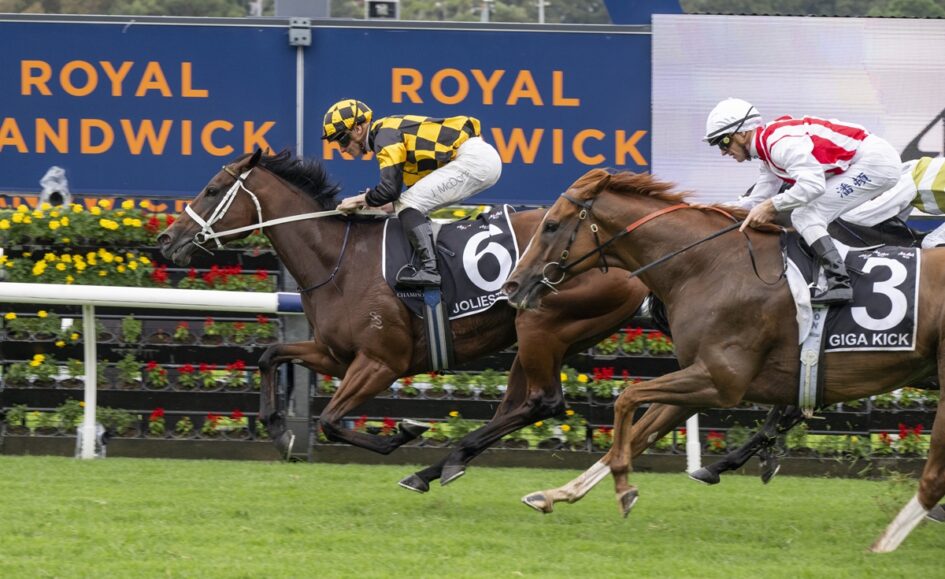 Two racehorses and jockeys sprint toward the finish at Royal Randwick, with horse No. 6 in yellow‑and‑black checks and horse No. 3 in white and red, flowers along the rail.