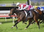 Front-running racehorse with jockey in red-and-white silks sprinting on a grassy track, others close behind on a sunny day.