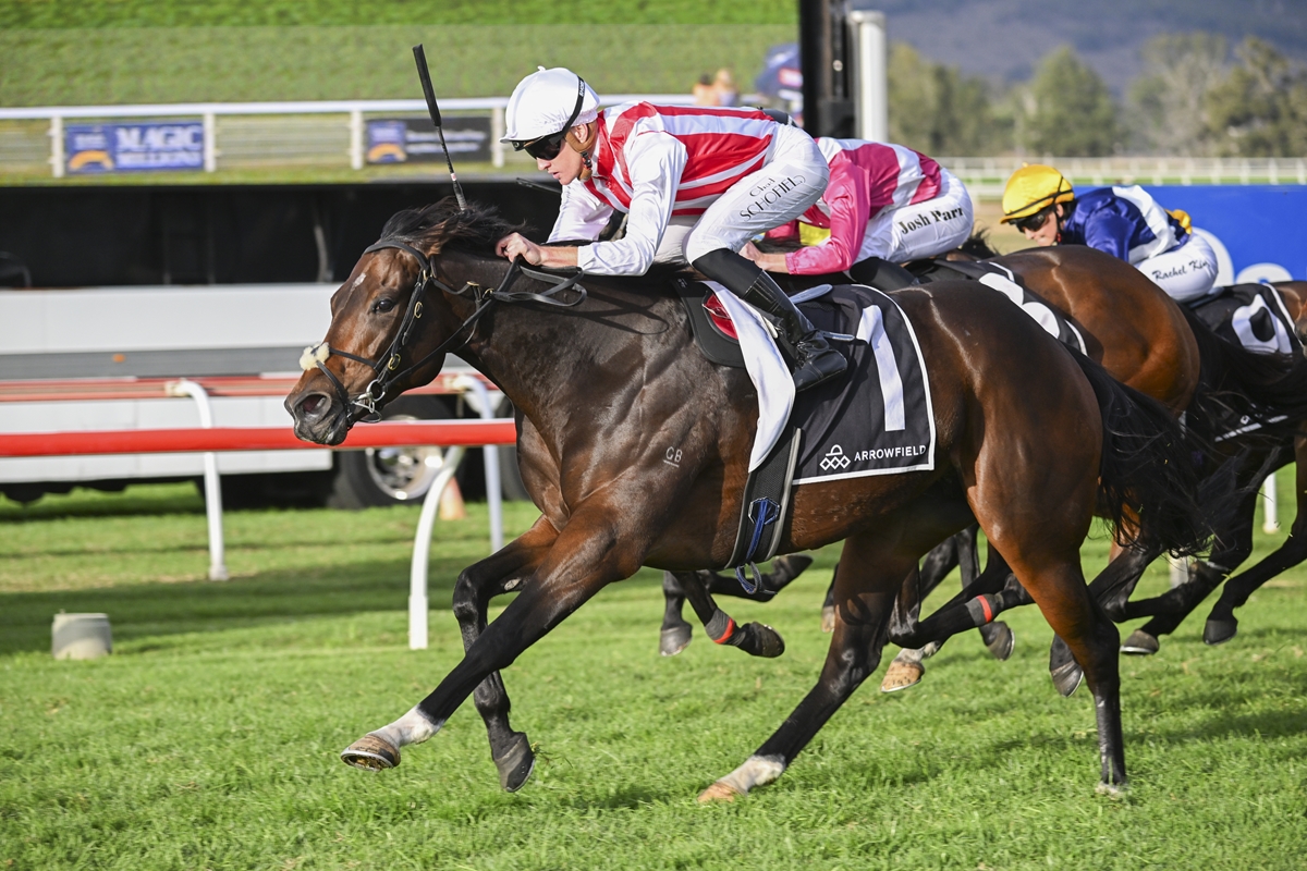 Front-running racehorse with jockey in red-and-white silks sprinting on a grassy track, others close behind on a sunny day.