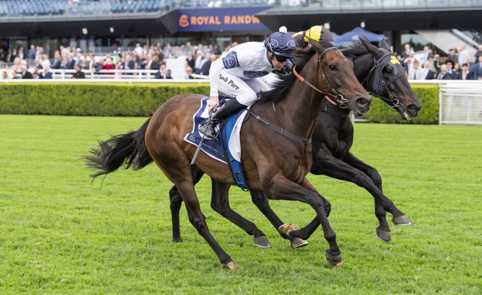 Two racehorses sprint on a green turf as jockeys urge them forward, with a crowd in the stands behind them.