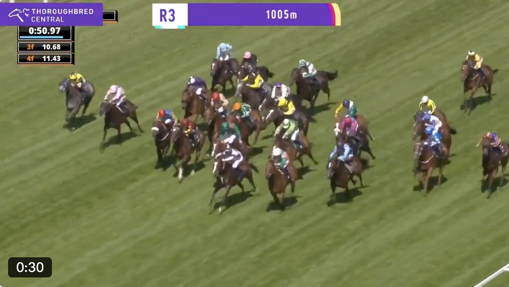 Group of thoroughbred horses racing on a green turf track with jockeys in colorful silks; on-screen graphics show 'R3' and '1005m'