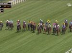 Crowded horse race on a green turf track with colorful jockey silks; time and speed readouts appear at the top-left (Royal Ascot).