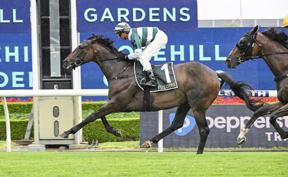 Bay racehorse with jockey in green-and-white silks, saddlecloth number 1, galloping on turf with blue signage behind him.