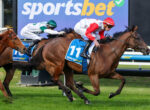 Jockeys race a group of horses on a track, foreground horse wearing blue bib with number 11, red and green silks visible.