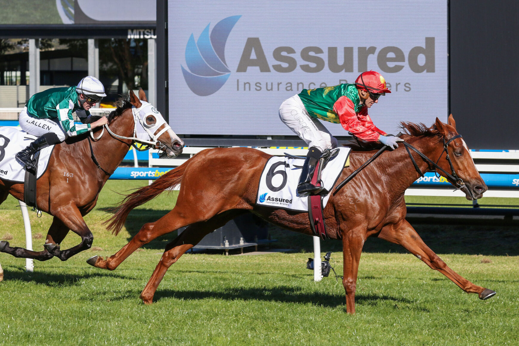 Two jockeys race a pair of galloping horses on a green Track, with a large Assured Insurance Brokers sign in the background.