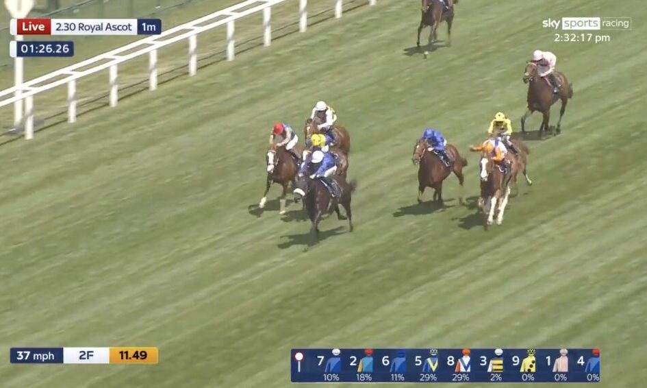 Group of thoroughbred horses with jockeys in colorful silks racing on a grassy track, white rails on the side, during a live Royal Ascot broadcast with on-screen race timers and odds at the bottom.