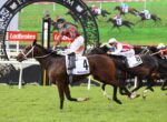 Jockey in green-red silks rides a brown horse with number 4 leading a horse race on green turf, urban finish arch in background, Ladbrokes signage visible.