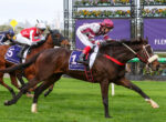 A brown horse leads a sprint at Flemington as jockeys push for the finish on a grassy racecourse, colorful banners in the background.