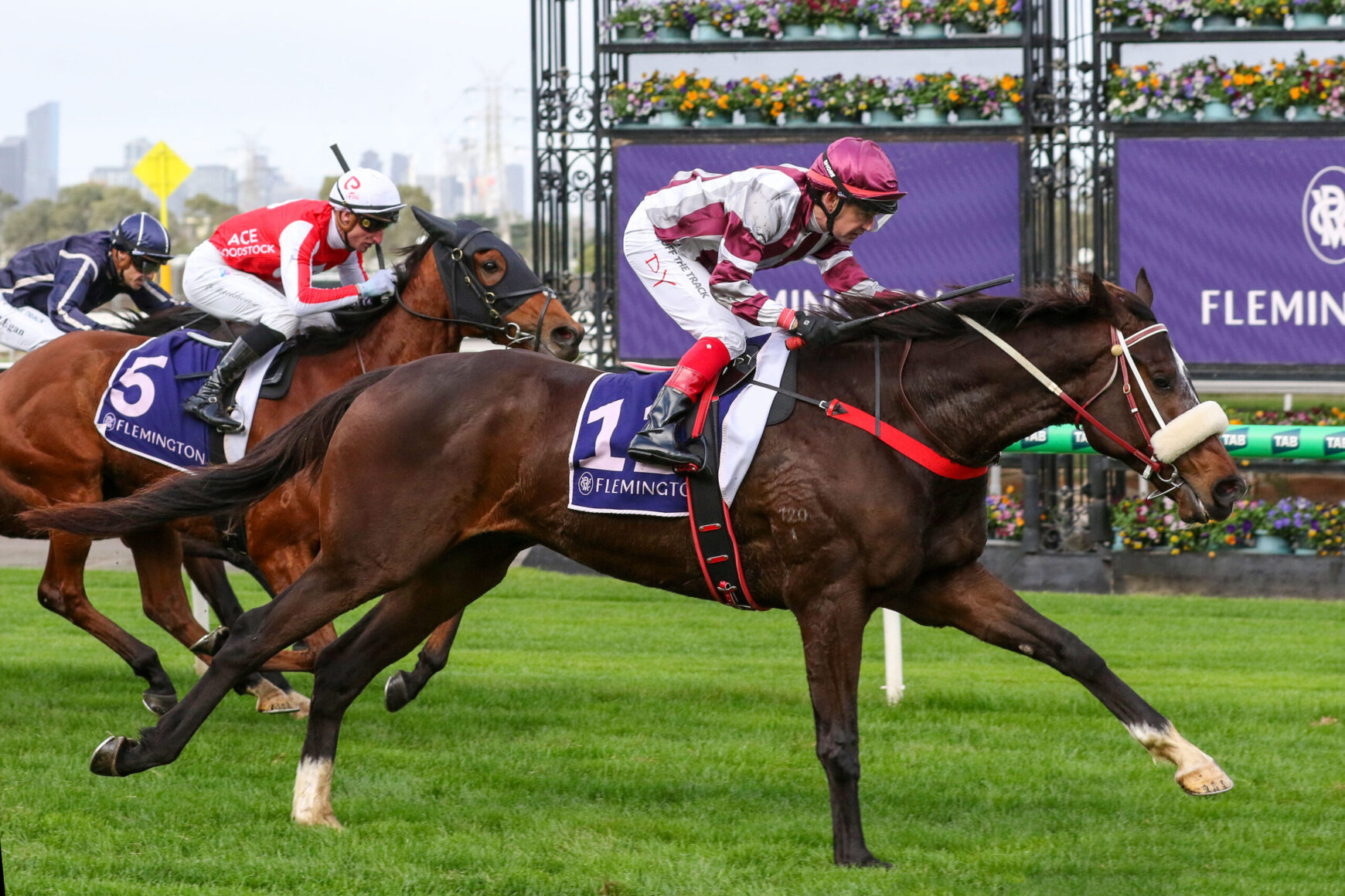 A brown horse leads a sprint at Flemington as jockeys push for the finish on a grassy racecourse, colorful banners in the background.