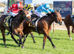 Jockeys in colorful silks ride racing horses on a grassy track, close competition with a large hotel sign in the background reading 'The Ultima Hotel'.