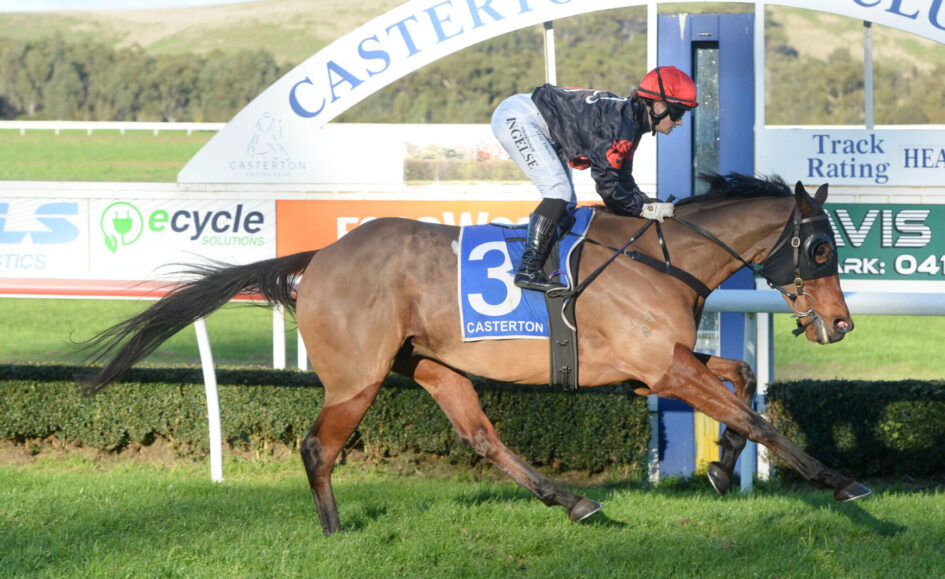 Horse and jockey racing atCasterton Race Club, saddlecloth number 3 visible, horse mid-stride on track against green grass and banners.