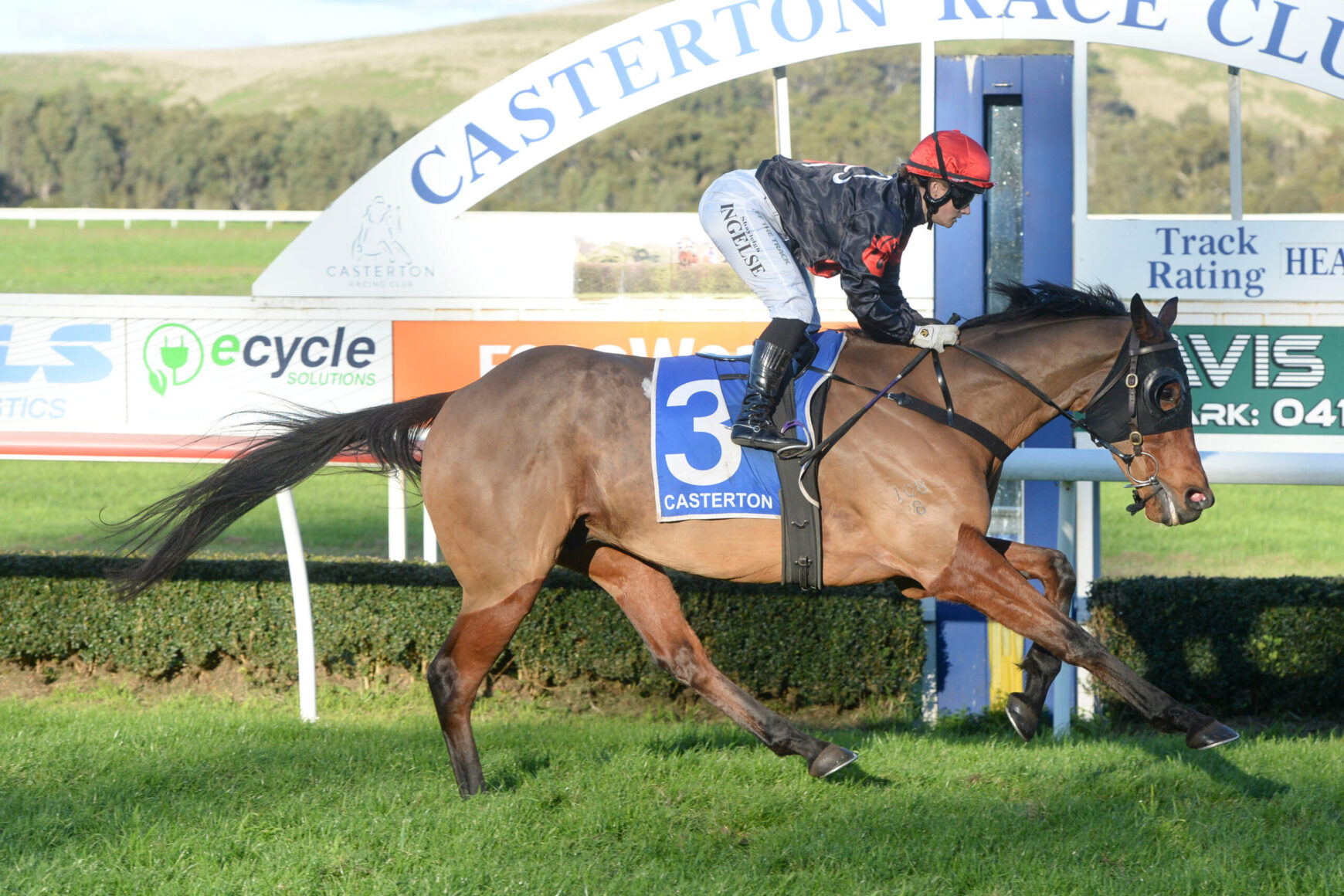 Horse and jockey racing atCasterton Race Club, saddlecloth number 3 visible, horse mid-stride on track against green grass and banners.
