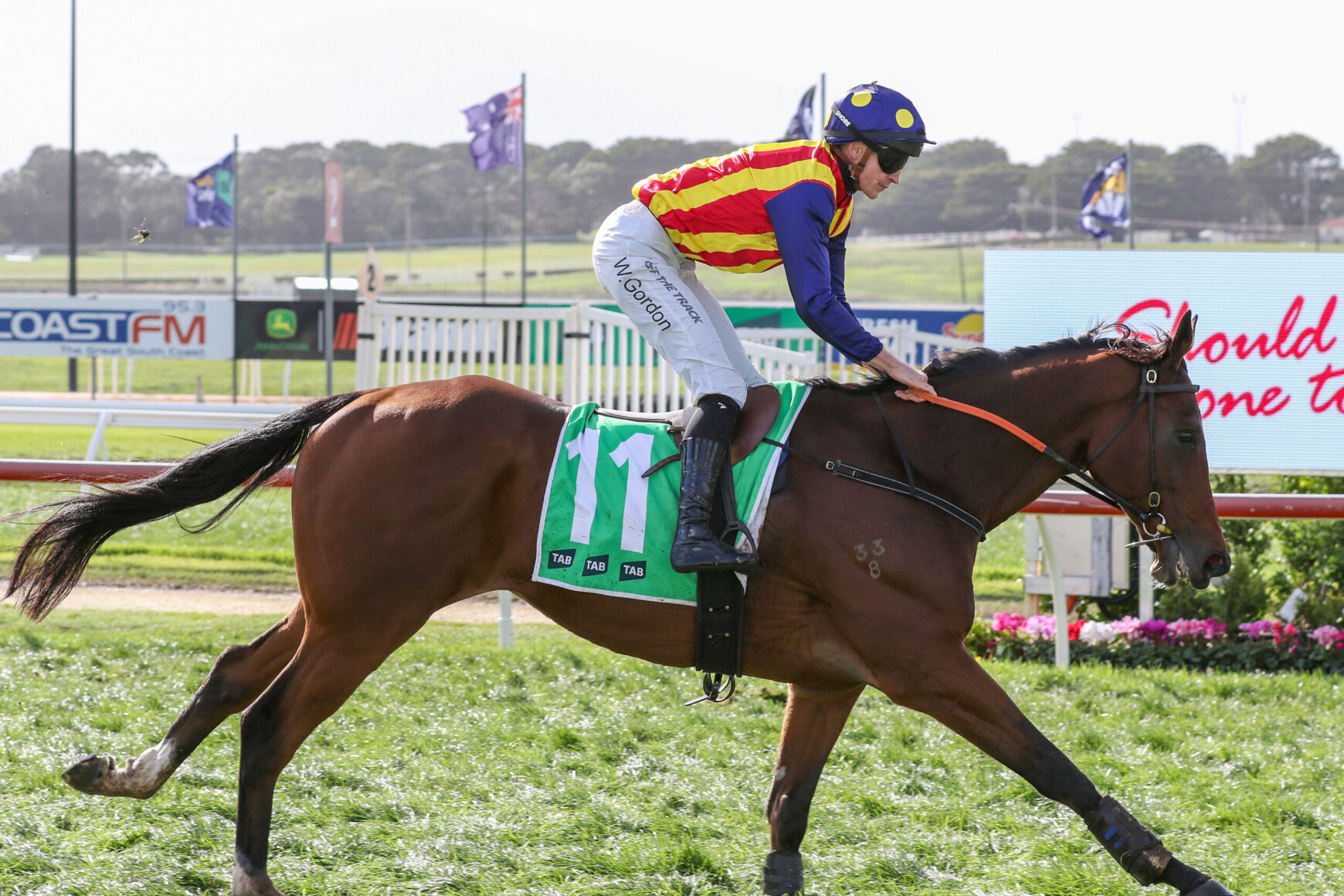 Jockey in red-and-yellow striped silks rides a brown horse with a green number-11 cloth at a racecourse."